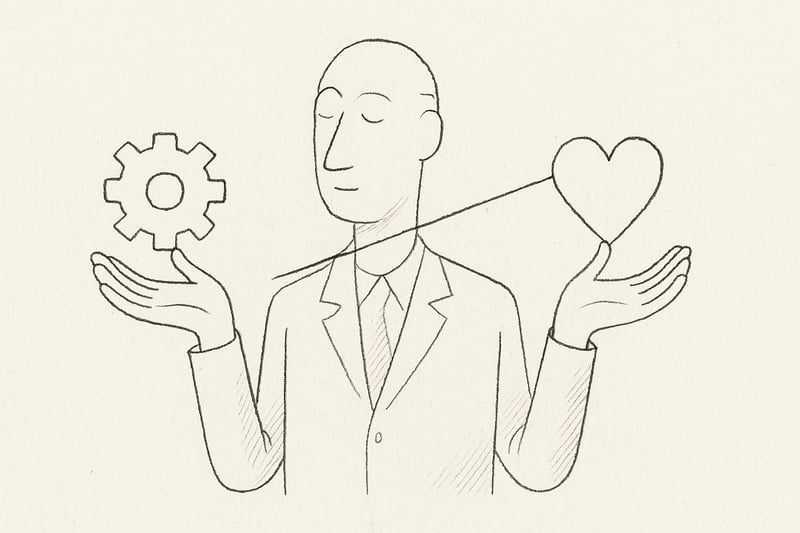 Handgezeichnete Figur haelt ein Herz und ein Zahnrad in Balance, ein feiner Zeiger zeigt leicht zum Herz – Hinweis, dass EQ in Teams oft den Ausschlag gibt.
